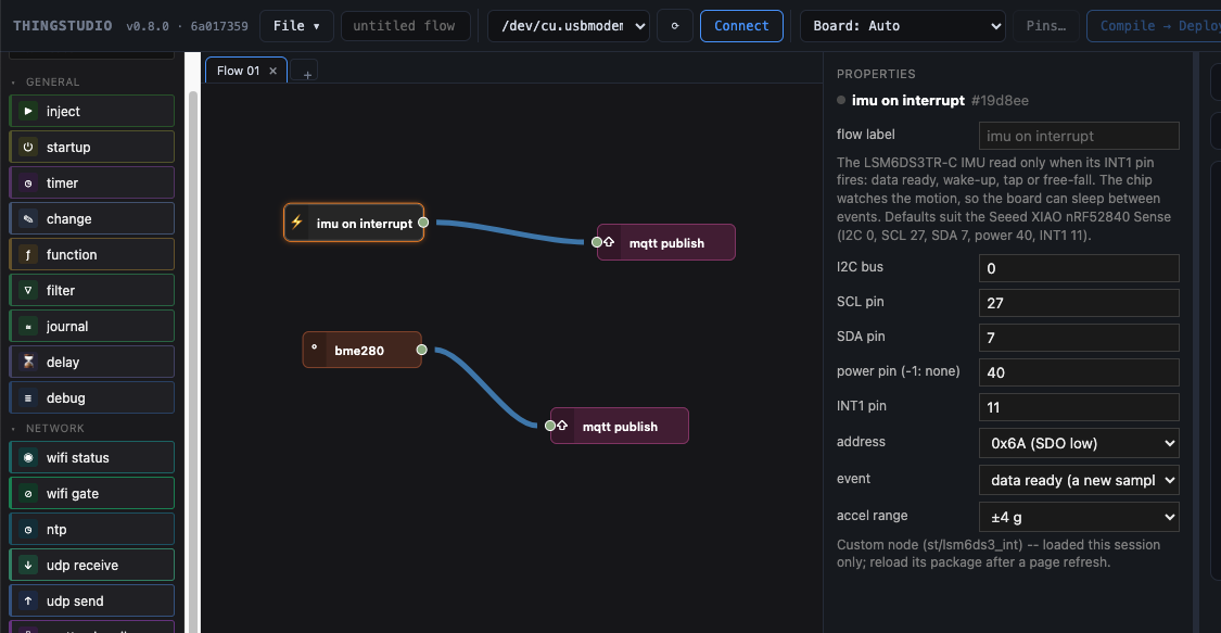 The Thingstudio editor: the node palette on the left, two sensor nodes wired to MQTT publish nodes in the middle, and the selected node's I2C bus and pin settings on the right.